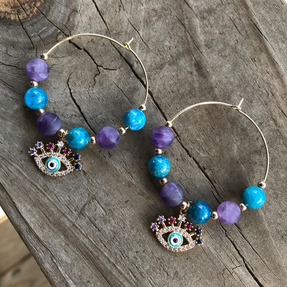 Amethyst Apatite Evil Eye Gold Plated Hoop Earring - Picture 4 of 8